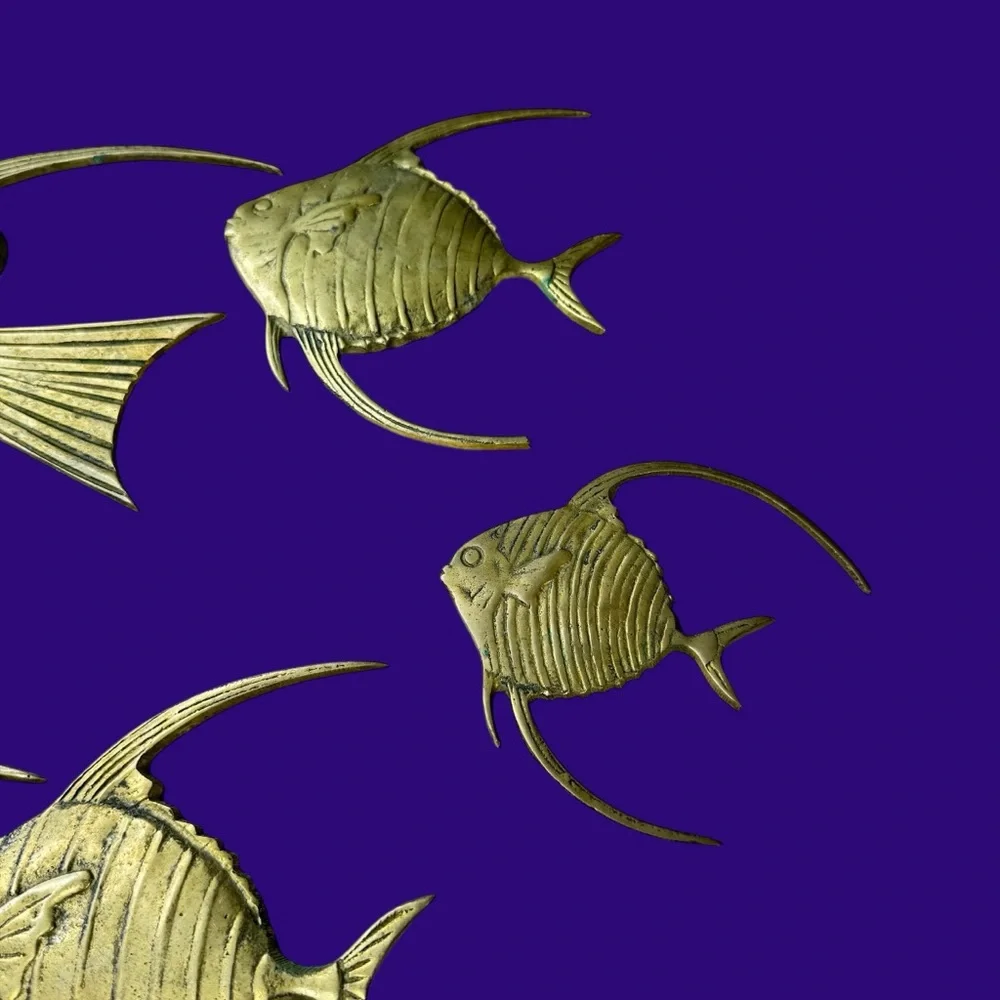 Vintage Brass Angelfish Wall Decor Set 6 Hollywood Regency MCM Fish Wall Art